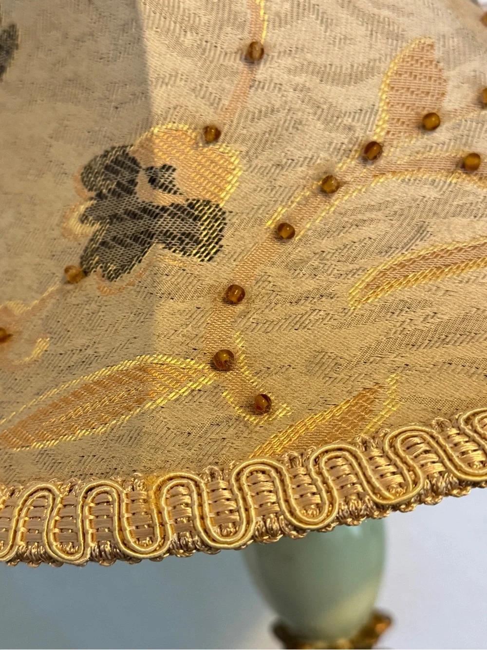 Vintage Bell lamp shade featuring an ornate design golden lace fabric beaded